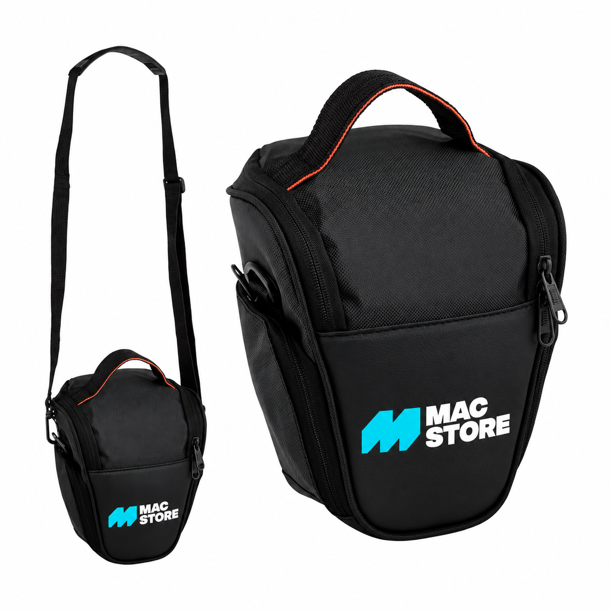 Bolsa de câmera preta com a logo Mac Store, com e sem a alça de ombro